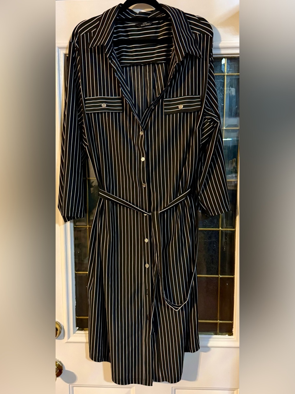 Women's Black Pinstripe Long Sleeve Shirt Dress with Belt